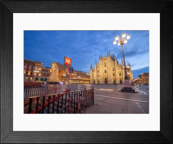 Framed Print : Milan, Italy at the Milan Duomo and Galleria during Christmas time at dawn. (M is for Metro) Framed Print : Milan, Italy at the Milan Duomo and Galleria during Christmas time at dawn. (M is for Metro)