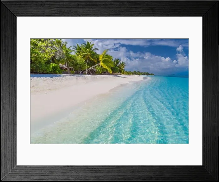 Framed Print : Beach season in luxury summer island. Paradise landscape concept, calm sea, white sand, palm trees. Luxury at beach. Relaxing vibes, holiday travel Framed Print : Beach season in luxury summer island. Paradise landscape concept, calm sea, white sand, palm trees. Luxury at beach. Relaxing vibes, holiday travel
