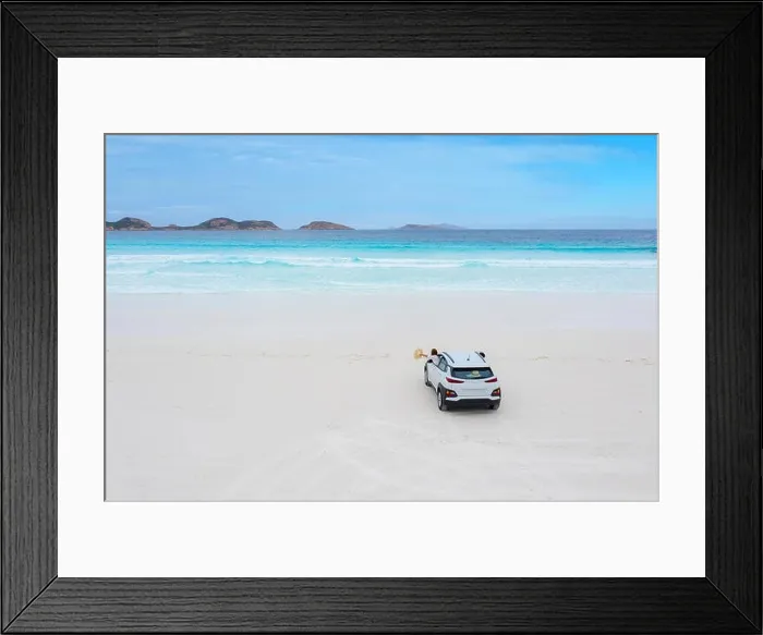 Framed Print : Aerial view of car parking in beach at Lucky Bay in Cape Le Grand National Park, near Esperance, Western Australia, Australia Framed Print : Aerial view of car parking in beach at Lucky Bay in Cape Le Grand National Park, near Esperance, Western Australia, Australia