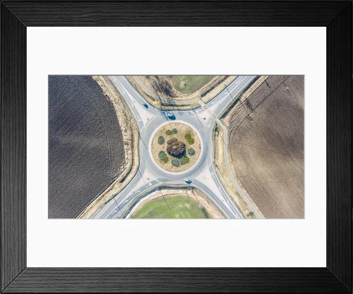 Framed Print : Aerial view of roundabout in countryside with rural, agriculture fields. Circle road: European roundabout around agriculture field with little traffic Framed Print : Aerial view of roundabout in countryside with rural, agriculture fields. Circle road: European roundabout around agriculture field with little traffic