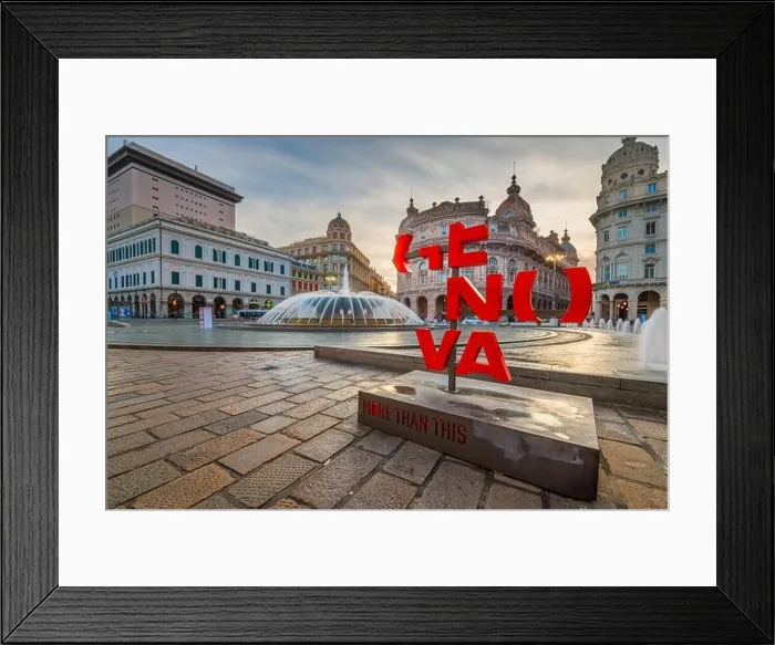 Framed Print : GENOA, ITALY - DECEMBER 30, 2021: Piazza De Ferrari at the fountain in the morning Framed Print : GENOA, ITALY - DECEMBER 30, 2021: Piazza De Ferrari at the fountain in the morning