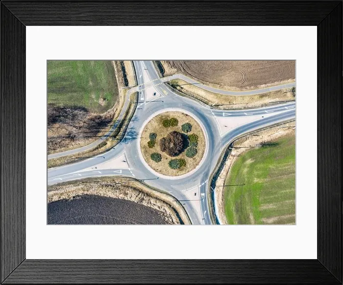 Framed Print : Aerial view of roundabout in countryside with rural, agriculture fields. Circle road: European roundabout around agriculture field with little traffic Framed Print : Aerial view of roundabout in countryside with rural, agriculture fields. Circle road: European roundabout around agriculture field with little traffic
