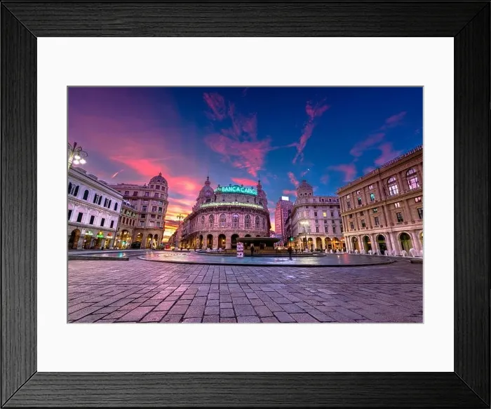 Framed Print : GENOA, ITALY - DECEMBER 30, 2021: Piazza De Ferrari at the fountain in the morning Framed Print : GENOA, ITALY - DECEMBER 30, 2021: Piazza De Ferrari at the fountain in the morning