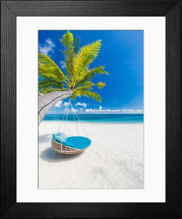Framed Print : Tropical beach background as summer landscape with beach swing or hammock and white sand and calm sea for beach banner. Perfect beach scene vacation Framed Print : Tropical beach background as summer landscape with beach swing or hammock and white sand and calm sea for beach banner. Perfect beach scene vacation
