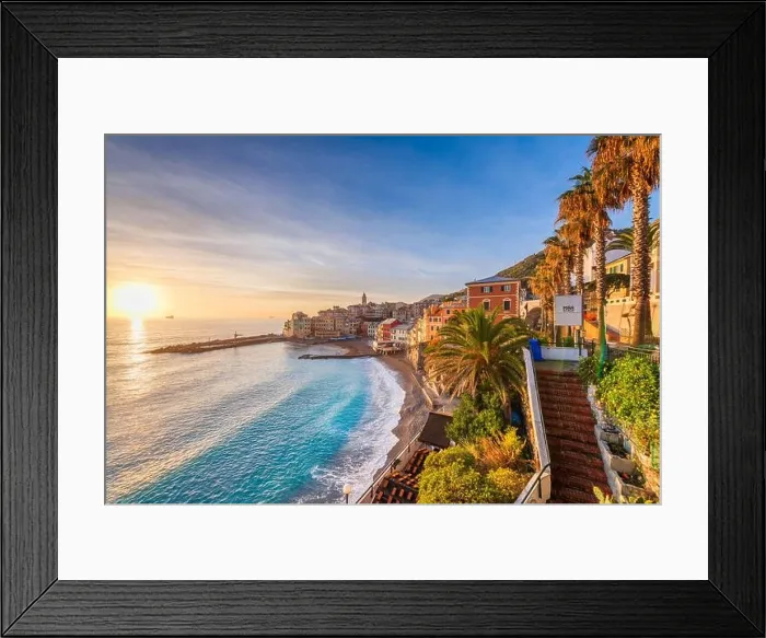 Framed Print : Maa Beach in Bogliasco, Genoa, Italy skyline on the Mediterranean sea at sunset Framed Print : Maa Beach in Bogliasco, Genoa, Italy skyline on the Mediterranean sea at sunset