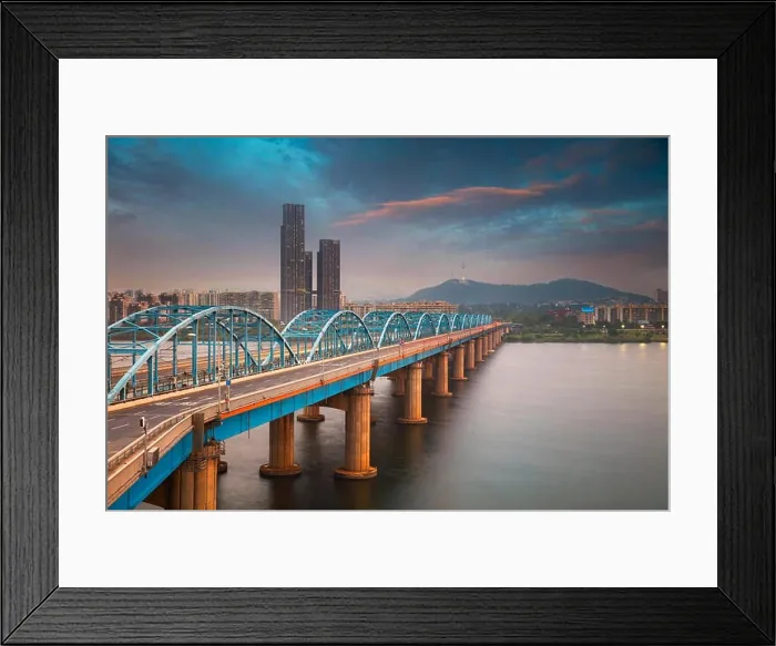 Framed Print : Seoul. Image of Seoul, South Korea with Dongjak Bridge and Hangang river at sunset Framed Print : Seoul. Image of Seoul, South Korea with Dongjak Bridge and Hangang river at sunset