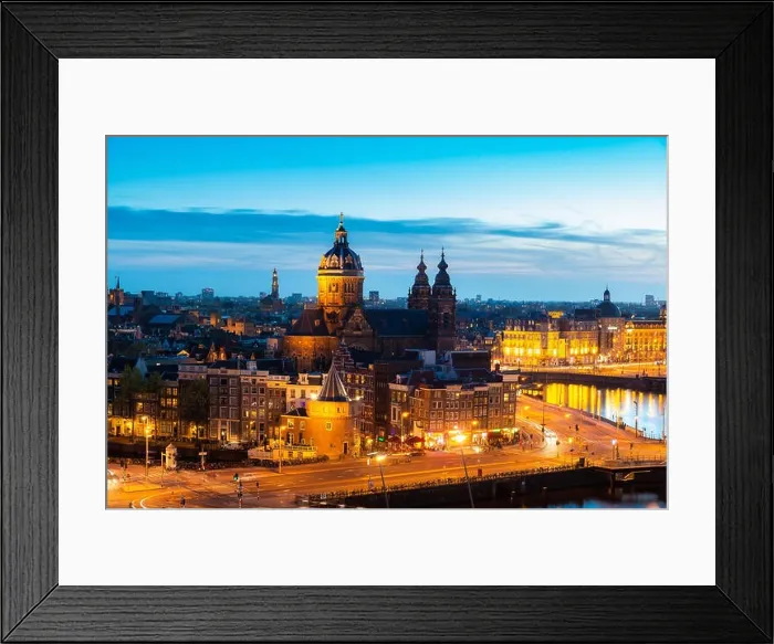 Framed Print : Aerial view of Amsterdam skyline in historical area at night in Amsterdam, Netherlands Framed Print : Aerial view of Amsterdam skyline in historical area at night in Amsterdam, Netherlands