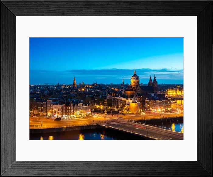Framed Print : Aerial view of Amsterdam skyline in historical area at night in Amsterdam, Netherlands Framed Print : Aerial view of Amsterdam skyline in historical area at night in Amsterdam, Netherlands