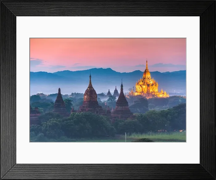 Framed Print : Bagan, Myanmar ancient temple ruins landscape in the archaeological zone at dusk Framed Print : Bagan, Myanmar ancient temple ruins landscape in the archaeological zone at dusk
