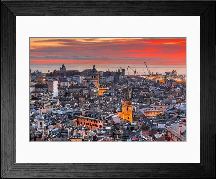 Framed Print : Genova, Italy downtown skyline with historic towers at dusk Framed Print : Genova, Italy downtown skyline with historic towers at dusk