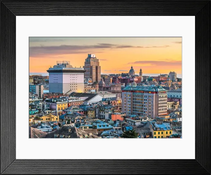 Framed Print : Genoa, Liguria, Italy downtown city skyline from above at dusk Framed Print : Genoa, Liguria, Italy downtown city skyline from above at dusk