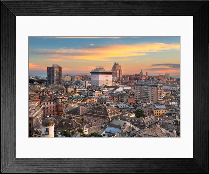 Framed Print : Genoa, Liguria, Italy downtown city skyline from above at dusk Framed Print : Genoa, Liguria, Italy downtown city skyline from above at dusk