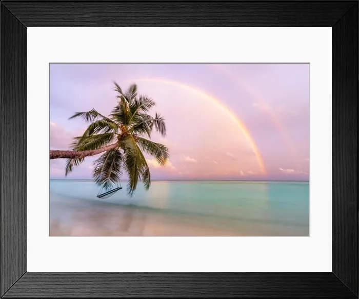 Framed Print : Perfect tropical landscape, sunset beach with palm tree and swing hanging under colorful rainbow. Romantic beach landscape Framed Print : Perfect tropical landscape, sunset beach with palm tree and swing hanging under colorful rainbow. Romantic beach landscape