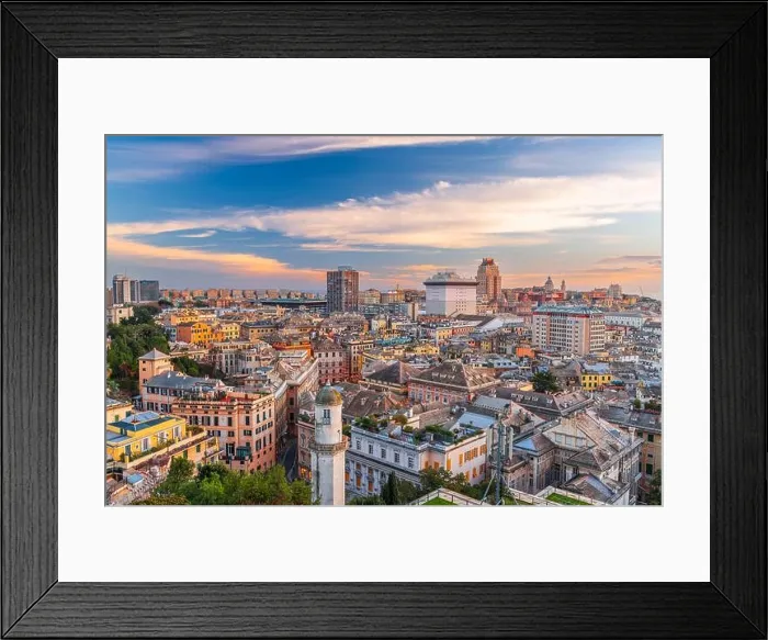 Framed Print : Genoa, Liguria, Italy downtown city skyline from above at dusk Framed Print : Genoa, Liguria, Italy downtown city skyline from above at dusk