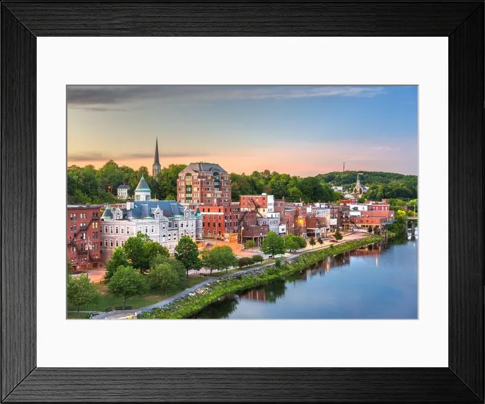 Framed Print : Augusta, Maine, USA town skyline on the Kennebec River at dusk Framed Print : Augusta, Maine, USA town skyline on the Kennebec River at dusk