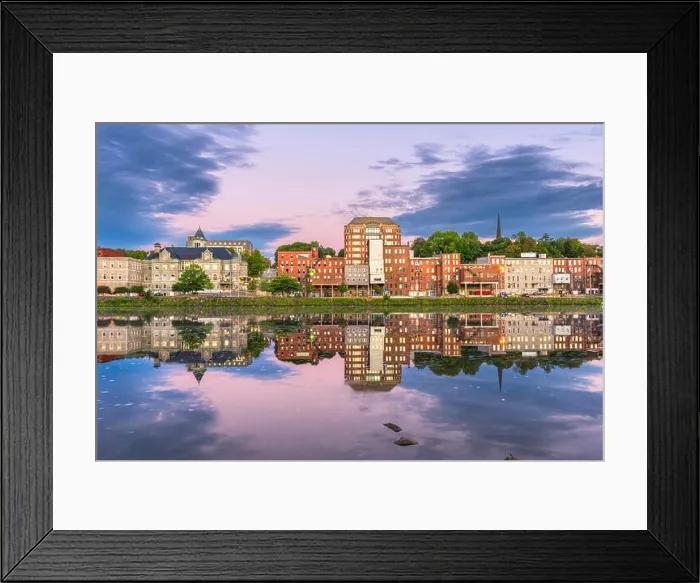 Framed Print : Augusta, Maine, USA town skyline on the Kennebec River at dusk