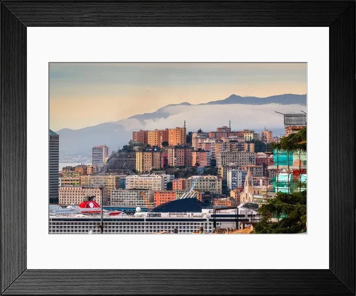 Framed Print : Genova, Italy cityscape wity misty mountains Framed Print : Genova, Italy cityscape wity misty mountains