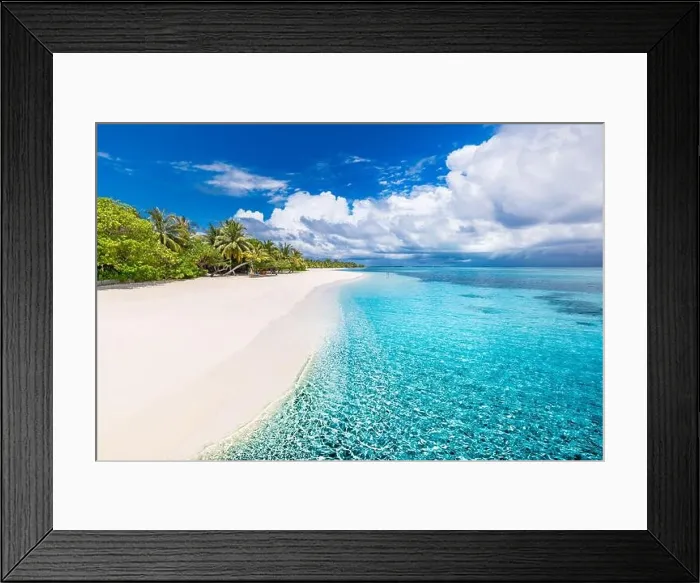 Framed Print : Green palm tree on white sand beach, exotic landscape. Amazing sea water, ripples, cloudy sky. Dream vacation summer holiday travel exotic, beach Framed Print : Green palm tree on white sand beach, exotic landscape. Amazing sea water, ripples, cloudy sky. Dream vacation summer holiday travel exotic, beach