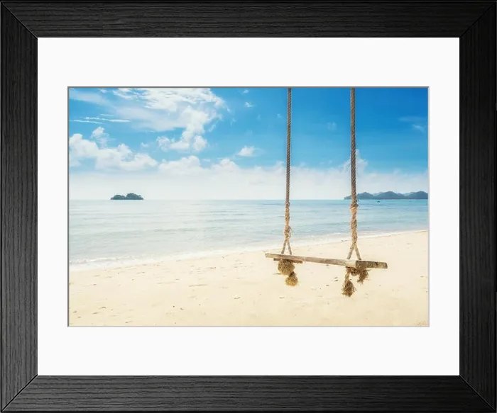 Framed Print : Wooden swing chair hanging on tree near beach at island in Phuket, Thailand. Summer Vacation Travel and Holiday concept Framed Print : Wooden swing chair hanging on tree near beach at island in Phuket, Thailand. Summer Vacation Travel and Holiday concept