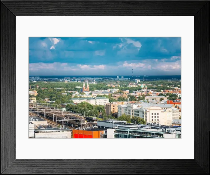 Framed Print : Riga, Latvia. Aerial Cityscape In Sunny Summer Day. Top View Of Landmarks - Riga Central Station, St. Francis Church, Ministry Of Transportation And A Framed Print : Riga, Latvia. Aerial Cityscape In Sunny Summer Day. Top View Of Landmarks - Riga Central Station, St. Francis Church, Ministry Of Transportation And A