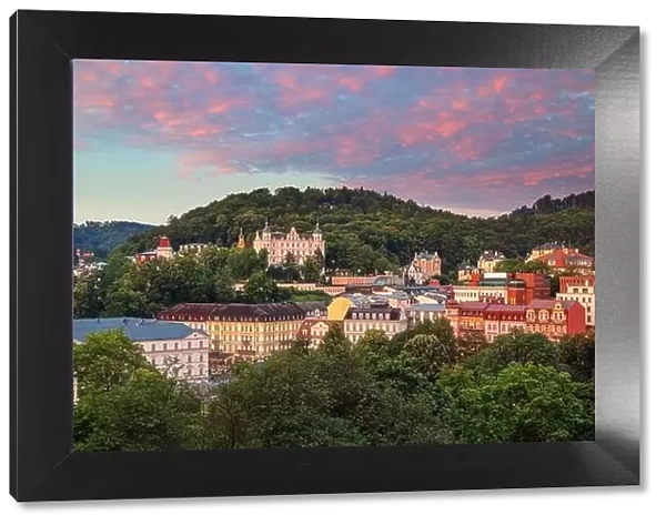 Karlovy Vary, Czech Republic. Panoramic aerial image of Karlovy Vary (Carlsbad), located in western Bohemia at beautiful sunrise