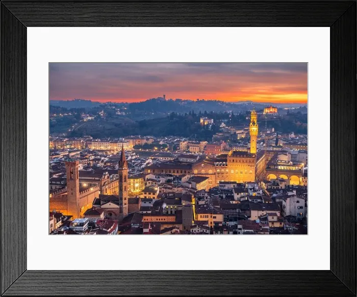 Framed Print : Florence, Italy aerial view at sunset with famous historic landmarks and towers