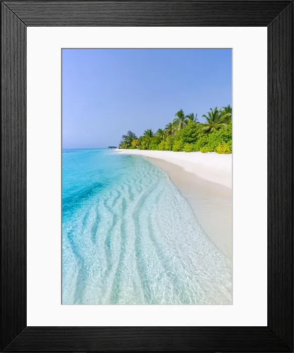 Framed Print : Beautiful beach and tropical sea. Wonderful beach nature, Maldives scenery, perfect view of exotic landscape, white sand and blue sky. Luxury resort