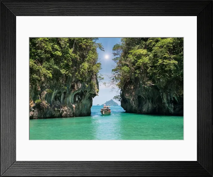 Framed Print : Beautiful landscape of rocks mountain and crystal clear sea with longtail boat at Phuket, Thailand. Summer, Travel, Vacation, Holiday concept Framed Print : Beautiful landscape of rocks mountain and crystal clear sea with longtail boat at Phuket, Thailand. Summer, Travel, Vacation, Holiday concept