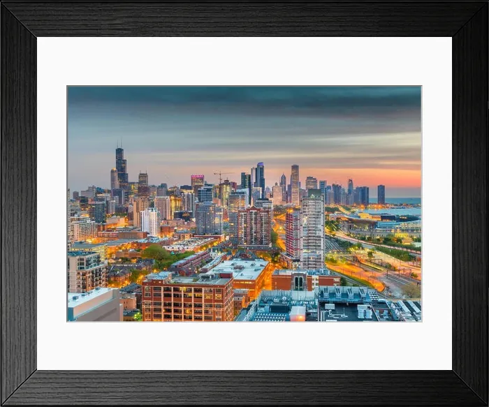 Framed Print : Chicago, Illinois, USA aerial downtown skyline at dusk towards Lake Michigan Framed Print : Chicago, Illinois, USA aerial downtown skyline at dusk towards Lake Michigan