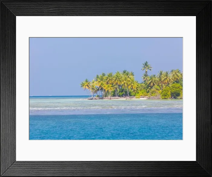 Framed Print : Exotic beach on a tropical island among palm trees, lagoon sea with coral reef. Amazing beach landscape, copy space, paradise destination