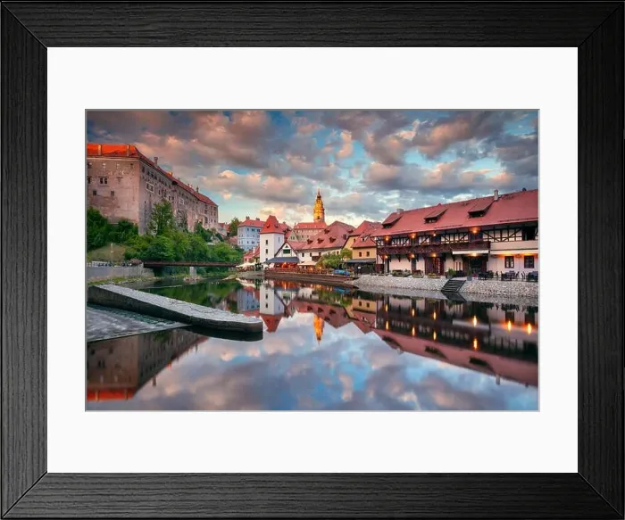 Framed Print : Cesky Krumlov. Cityscape image of downtown Cesky Krumlov, Czech Republic with reflection of the city in Vltava River at summer sunset
