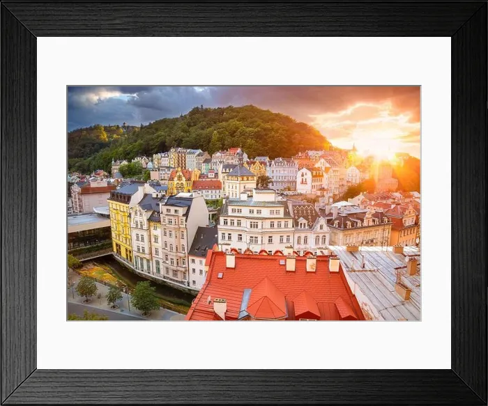 Framed Print : Karlovy Vary, Czech Republic. Aerial image of Karlovy Vary (Carlsbad), located in western Bohemia at beautiful sunset Framed Print : Karlovy Vary, Czech Republic. Aerial image of Karlovy Vary (Carlsbad), located in western Bohemia at beautiful sunset