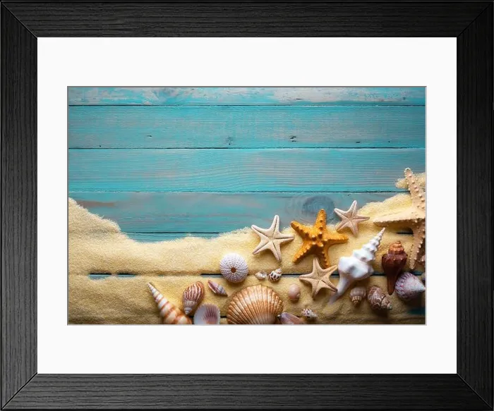 Framed Print : Vacations and summer time concept with starfish and sea shells on a turquoise wooden table with sand Framed Print : Vacations and summer time concept with starfish and sea shells on a turquoise wooden table with sand