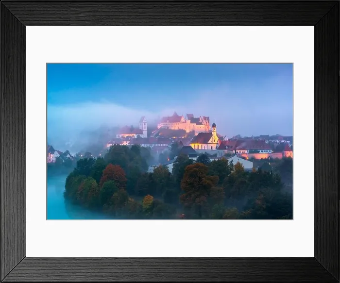 Framed Print : Fussen, Germany old town on the Lech River during a foggy twilight Framed Print : Fussen, Germany old town on the Lech River during a foggy twilight