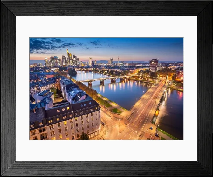 Framed Print : Frankfurt, Germany skyline over the Main River at dusk Framed Print : Frankfurt, Germany skyline over the Main River at dusk