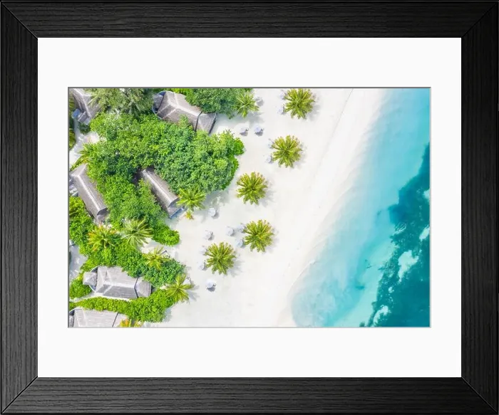 Framed Print : Perfect aerial landscape, luxury tropical resort or hotel with water villas and beautiful beach scenery. Amazing bird eyes view in Maldives, landscape Framed Print : Perfect aerial landscape, luxury tropical resort or hotel with water villas and beautiful beach scenery. Amazing bird eyes view in Maldives, landscape