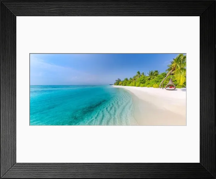 Framed Print : Beautiful tropical beach banner. White sand and coco palms travel tourism wide panorama background concept. Amazing beach landscape Framed Print : Beautiful tropical beach banner. White sand and coco palms travel tourism wide panorama background concept. Amazing beach landscape