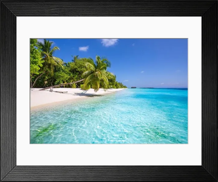Framed Print : Tropical beach background as summer landscape with beach swing or hammock and white sand and calm sea for beach banner. Perfect beach scene vacation Framed Print : Tropical beach background as summer landscape with beach swing or hammock and white sand and calm sea for beach banner. Perfect beach scene vacation