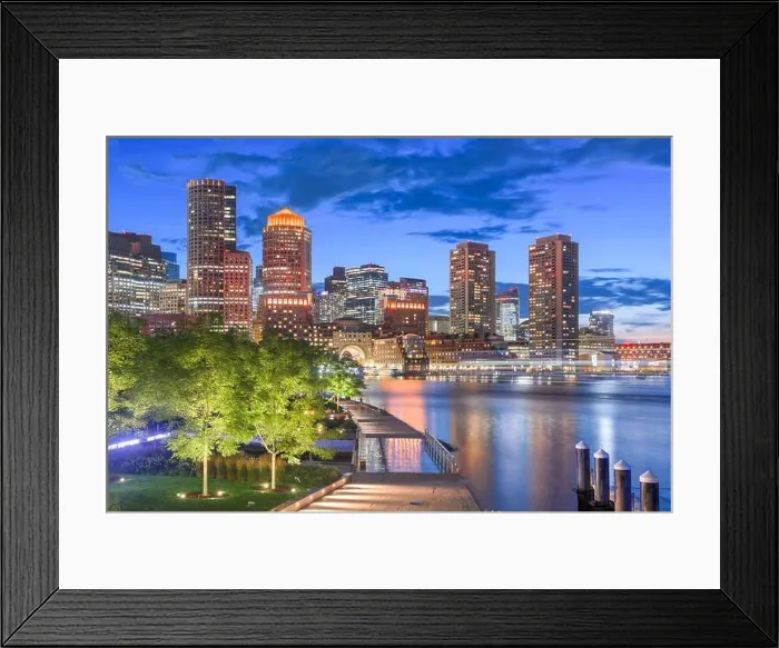 Framed Print : Boston, Massachusetts, USA downtown city skyline and pier at twilight Framed Print : Boston, Massachusetts, USA downtown city skyline and pier at twilight