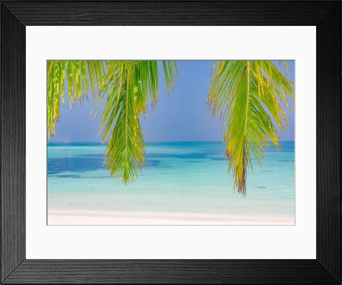 Framed Print : Tropical beach background as summer landscape with seascape palm trees leaves and calm sea for beach banner. Tranquil beach scene, vacation holiday Framed Print : Tropical beach background as summer landscape with seascape palm trees leaves and calm sea for beach banner. Tranquil beach scene, vacation holiday