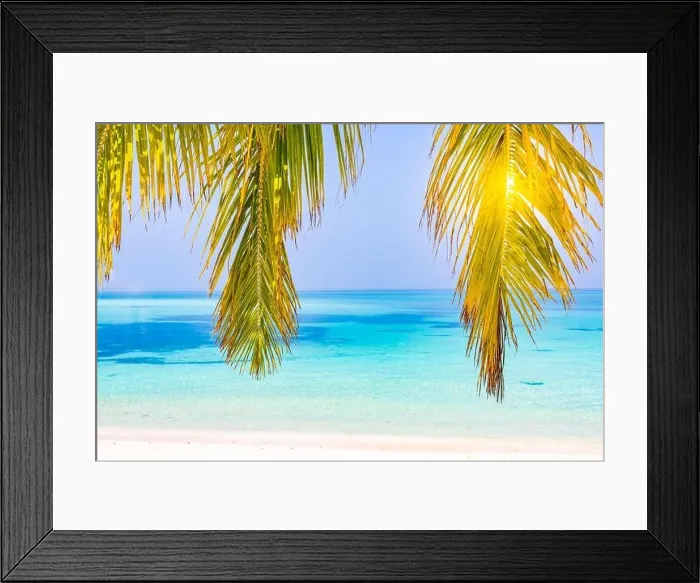 Framed Print : Tropical beach background as summer landscape with seascape palm trees leaves and calm sea for beach banner. Tranquil beach scene, vacation holiday Framed Print : Tropical beach background as summer landscape with seascape palm trees leaves and calm sea for beach banner. Tranquil beach scene, vacation holiday