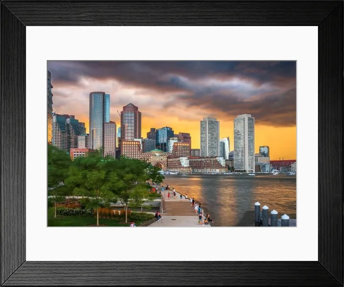 Framed Print : Boston, Massachusetts, USA downtown city skyline and pier at dusk Framed Print : Boston, Massachusetts, USA downtown city skyline and pier at dusk