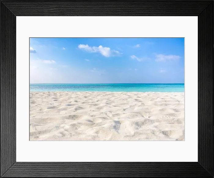 Framed Print : Empty tropical beach background. Horizon with sky and white sand. Beautiful beach with white sand, turquoise ocean water and blue sky with clouds Framed Print : Empty tropical beach background. Horizon with sky and white sand. Beautiful beach with white sand, turquoise ocean water and blue sky with clouds