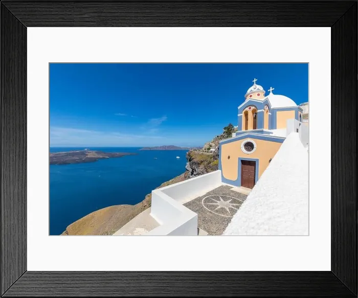 Framed Print : Sunny travel landscape, belltower of a church with a view of Santorini volcanic caldera and ships in it, Santorini, Cyclades, Greece Framed Print : Sunny travel landscape, belltower of a church with a view of Santorini volcanic caldera and ships in it, Santorini, Cyclades, Greece