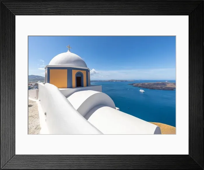 Framed Print : White architecture on Santorini island, Greece. Beautiful landscape, sea view. White wash staircases on Santorini Island, Greece. The view off Caldera Framed Print : White architecture on Santorini island, Greece. Beautiful landscape, sea view. White wash staircases on Santorini Island, Greece. The view off Caldera