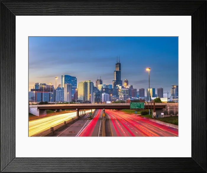 Framed Print : Chicago, Illinois, USA downtown skyline over highways at twilight Framed Print : Chicago, Illinois, USA downtown skyline over highways at twilight