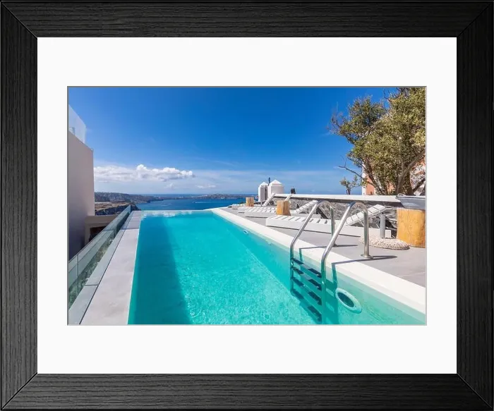Framed Print : White architecture on Santorini island, Greece. Luxury infinity pool with sea view. Summer romantic wedding honeymoon destination. Couple retreat Framed Print : White architecture on Santorini island, Greece. Luxury infinity pool with sea view. Summer romantic wedding honeymoon destination. Couple retreat