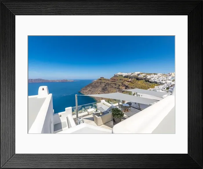 Framed Print : White architecture on Santorini island, Greece. Beautiful landscape, sea view. White wash staircases on Santorini Island, Greece. The view off Caldera