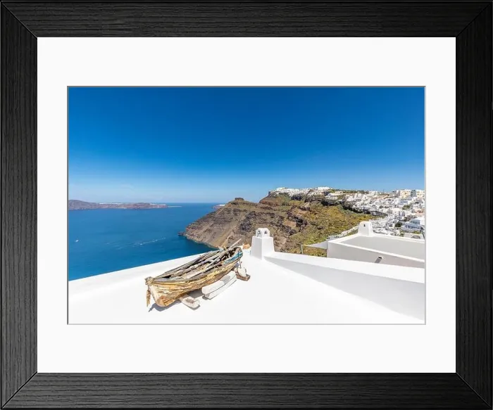 Framed Print : White architecture on Santorini island, Greece. Beautiful landscape, sea view. White wash staircases on Santorini Island, Greece. The view off Caldera Framed Print : White architecture on Santorini island, Greece. Beautiful landscape, sea view. White wash staircases on Santorini Island, Greece. The view off Caldera
