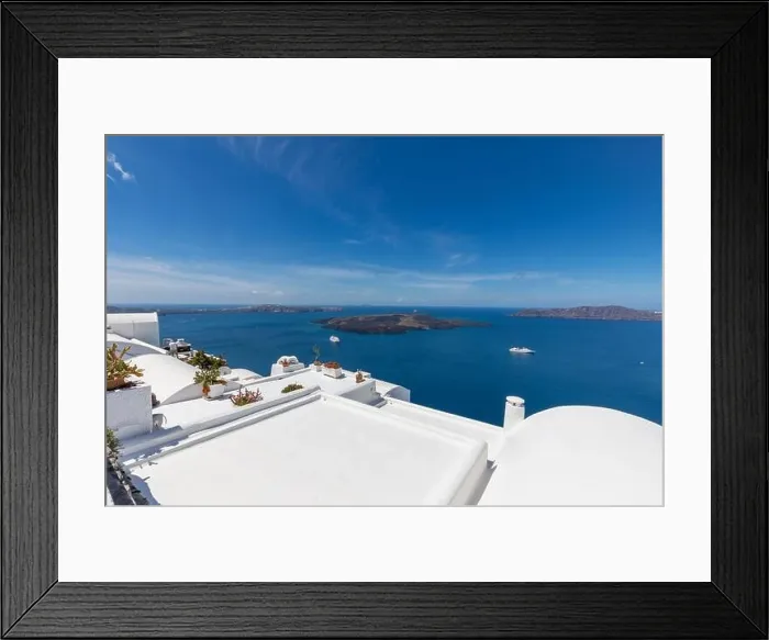 Framed Print : White architecture on Santorini island, Greece. Beautiful landscape, sea view. White wash staircases on Santorini Island, Greece. The view off Caldera Framed Print : White architecture on Santorini island, Greece. Beautiful landscape, sea view. White wash staircases on Santorini Island, Greece. The view off Caldera